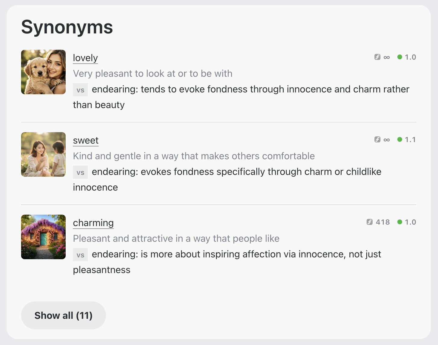 Synonyms of endearing, including lovely, sweet and charming, with pictures and explanations of their differences.