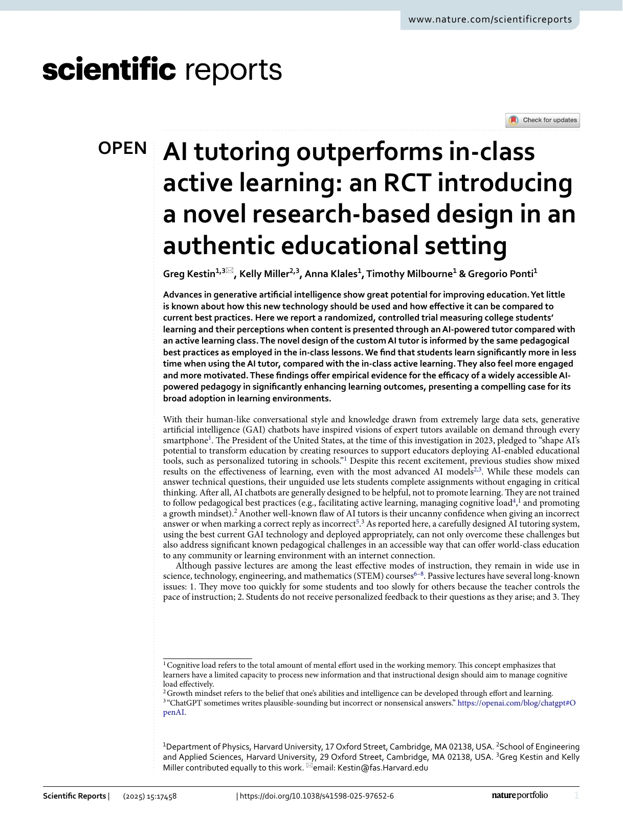 First page of AI tutoring outperforms in-class active learning, by Greg Kestin and colleagues.