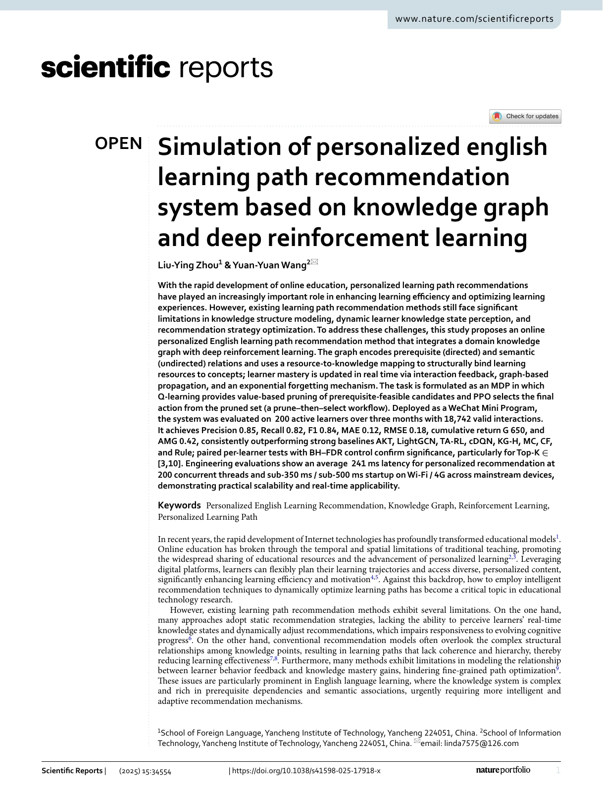 First page of Simulation of personalized english learning path recommendation system based on knowledge graph and deep reinforcement learning, by Liu-Ying Zhou and Yuan-Yuan Wang.