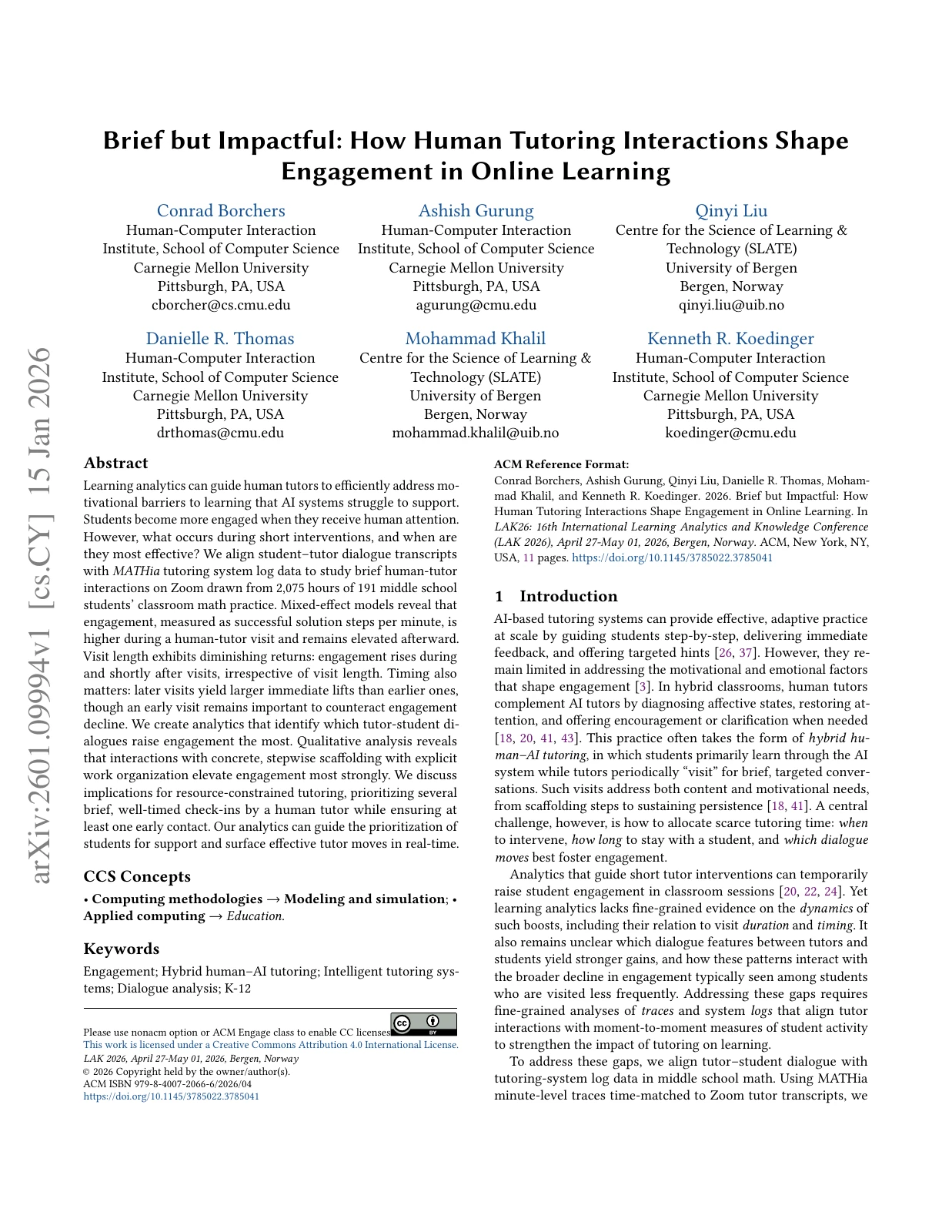 First page of Brief but Impactful: How Human Tutoring Interactions Shape Engagement in Online Learning, by Conrad Borchers and colleagues.