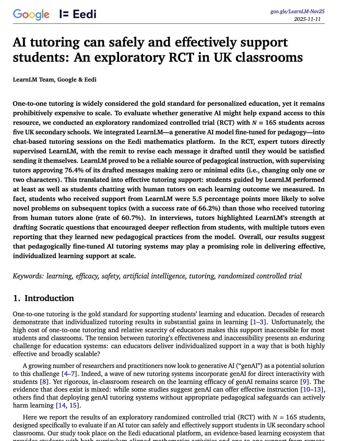 First-page excerpt of AI tutoring can safely and effectively support students: An exploratory RCT in UK classrooms.