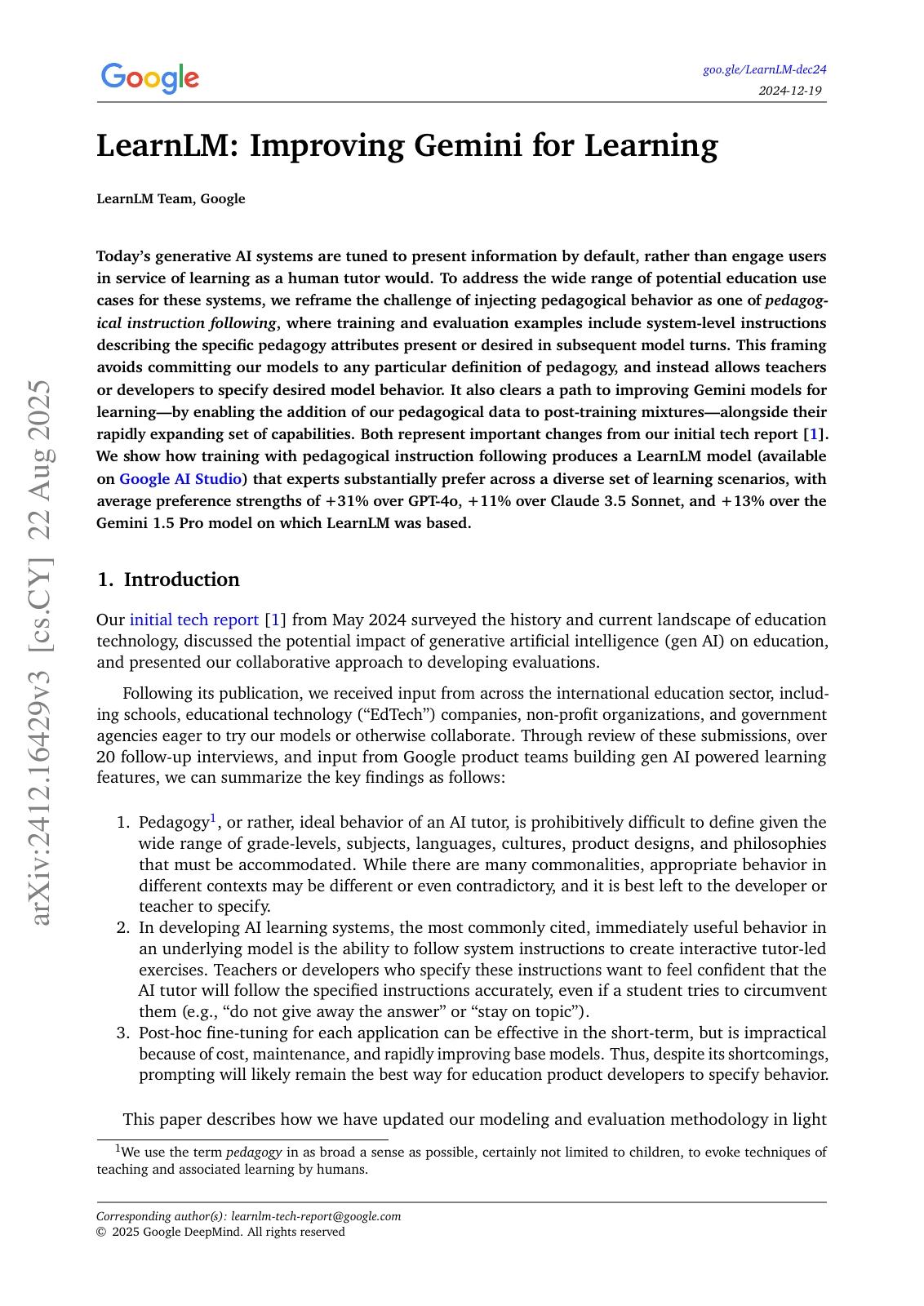 First page of LearnLM: Improving Gemini for Learning, by the LearnLM Team at Google.