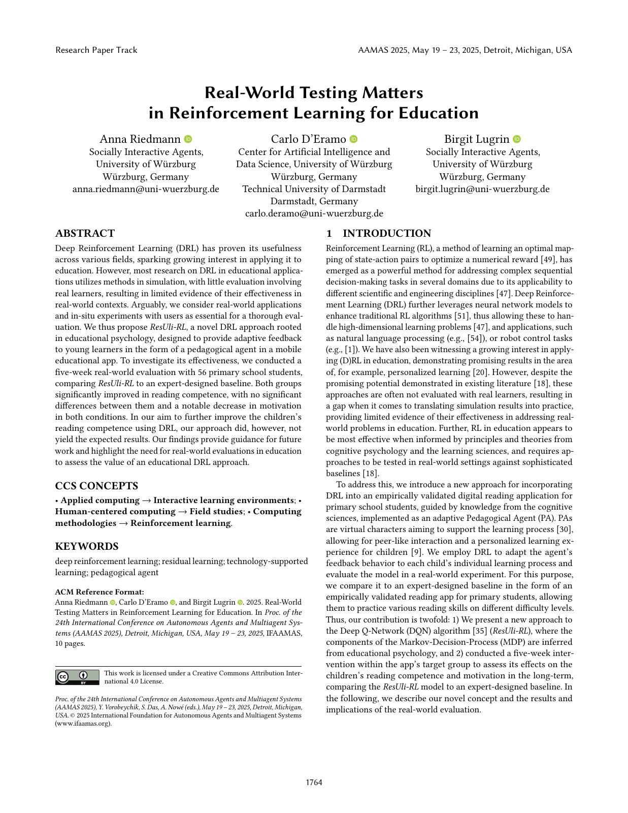 First page of Real-World Testing Matters in Reinforcement Learning for Education, by Anna Riedmann, Carlo D’Eramo and Birgit Lugrin.