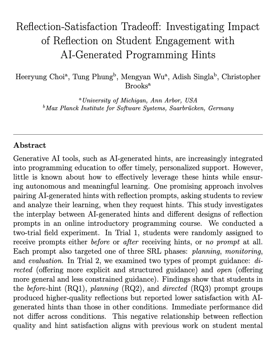 First-page excerpt of Reflection-Satisfaction Tradeoff: Investigating Impact of Reflection on Student Engagement with AI-Generated Programming Hints.