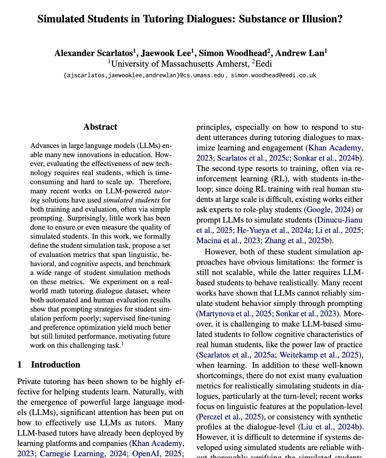 First-page excerpt of Simulated Students in Tutoring Dialogues: Substance or Illusion?.