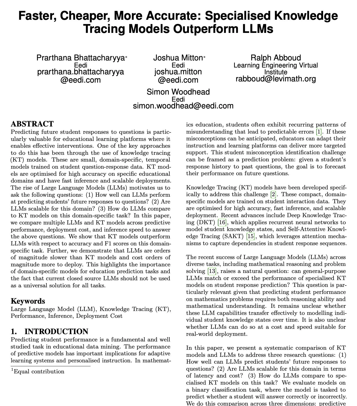 First-page excerpt of Faster, Cheaper, More Accurate: Specialised Knowledge Tracing Models Outperform LLMs.