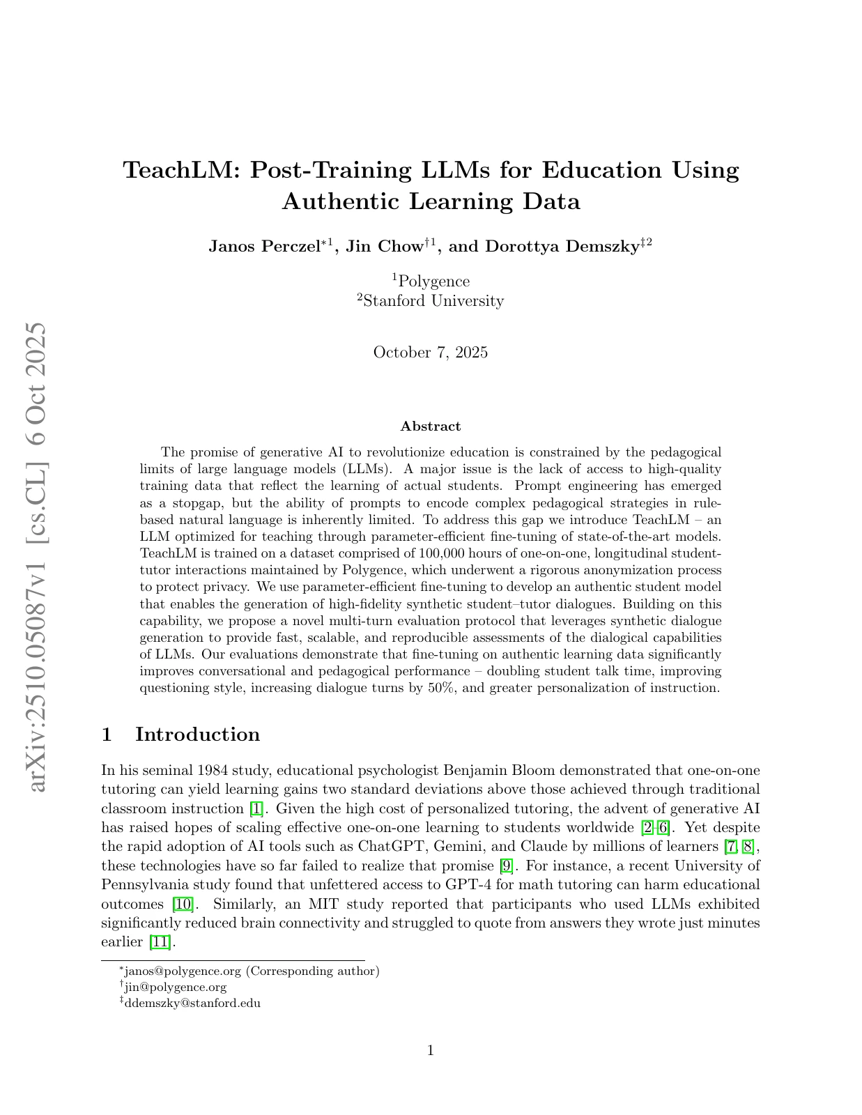 First page of TeachLM: Post-Training LLMs for Education Using Authentic Learning Data, by Janos Perczel, Jin Chow and Dorottya Demszky.