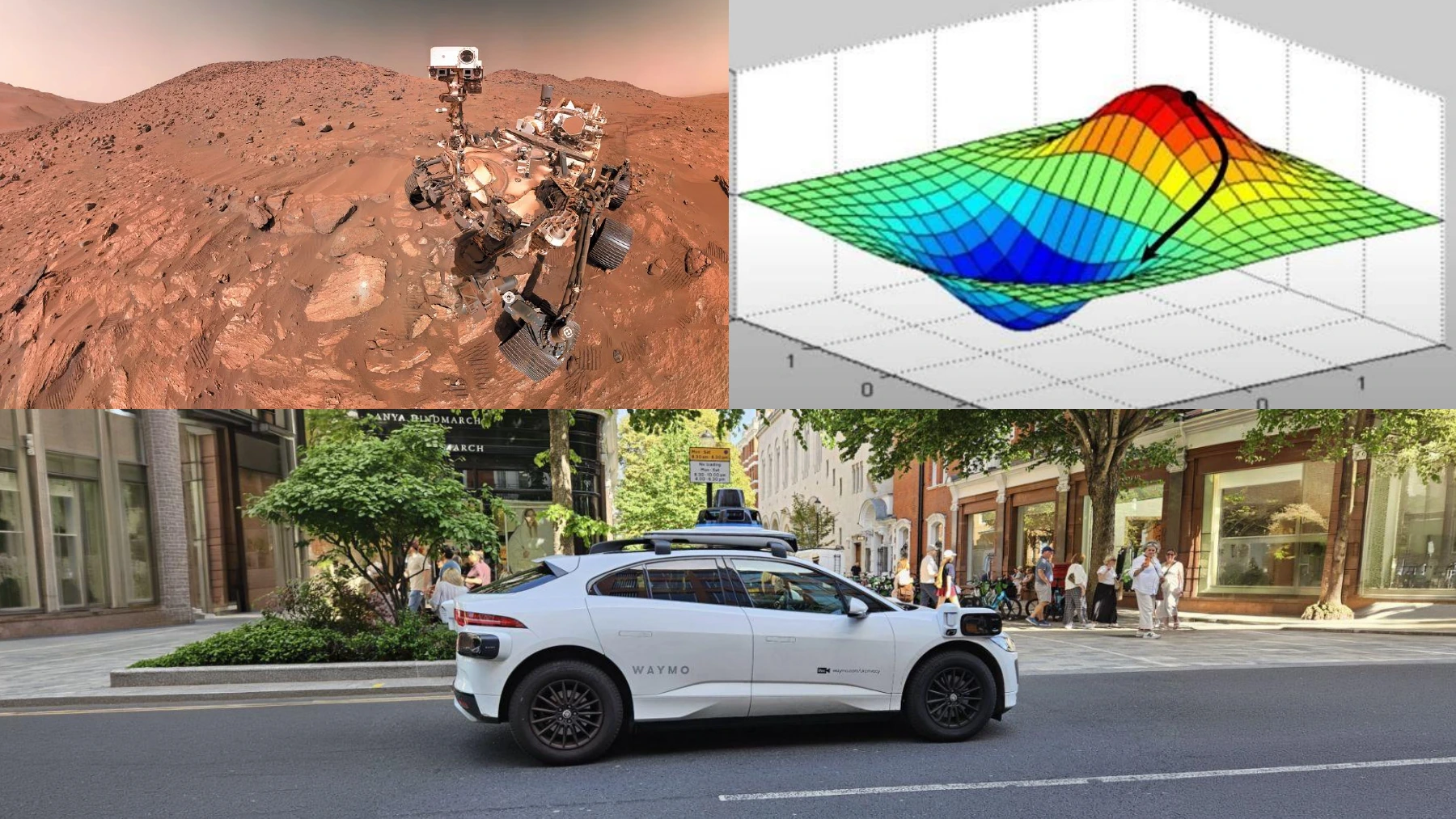 The original intuition for N+1: a rover, an autonomous car and the small steps used to optimise a mathematical function.