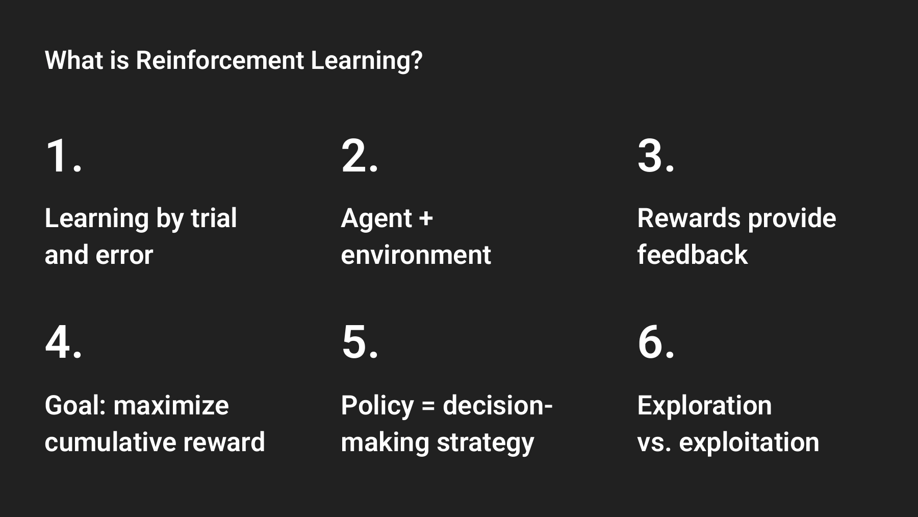 The pieces of reinforcement learning: trial and error, an agent and environment, rewards, a longer-term goal, a policy, and exploration.