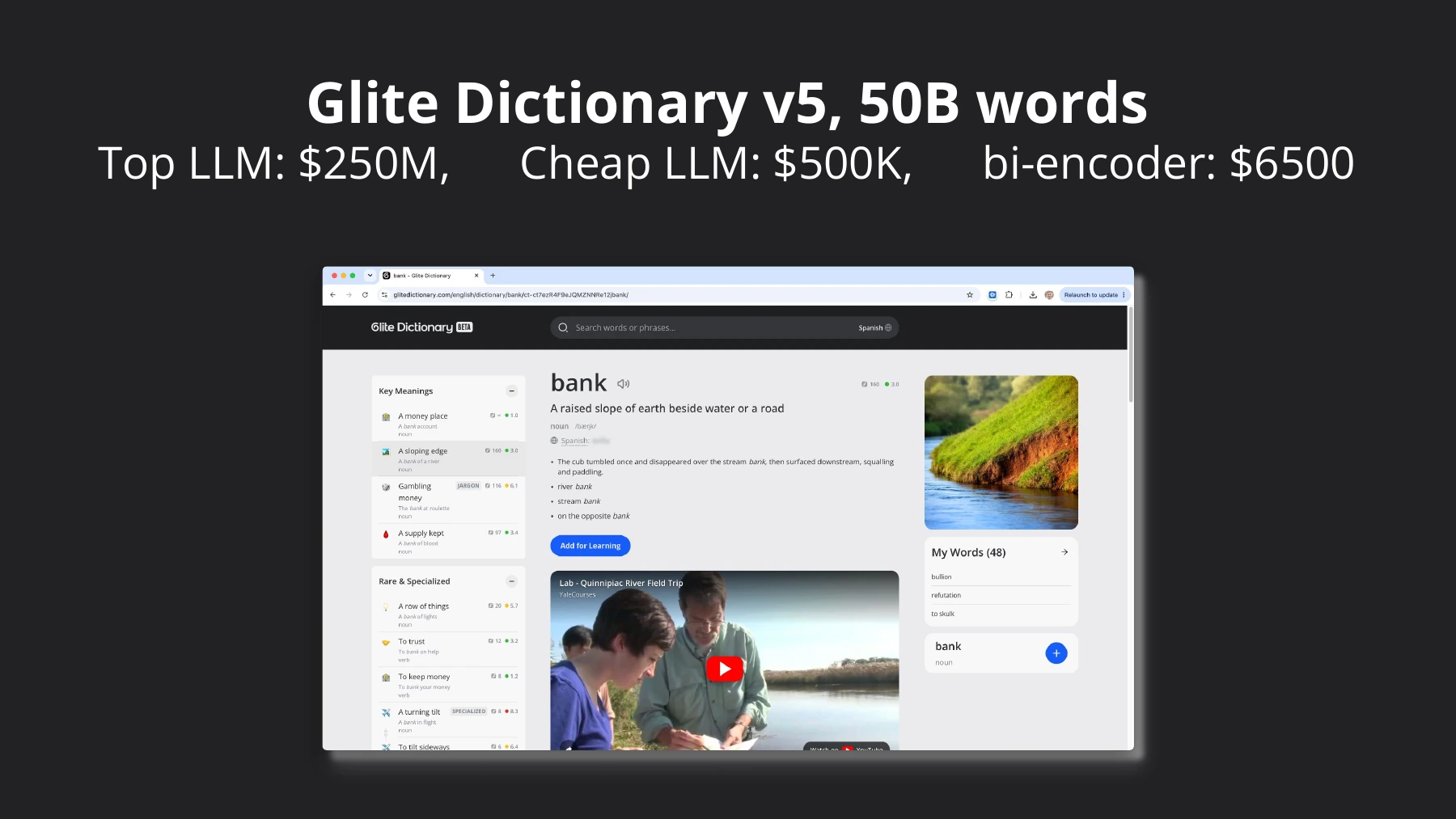 The dictionary corpus: 50 billion words. The estimate reaches $250 million with a top LLM, $500,000 with a cheap LLM, or $6,500 with a bi-encoder.